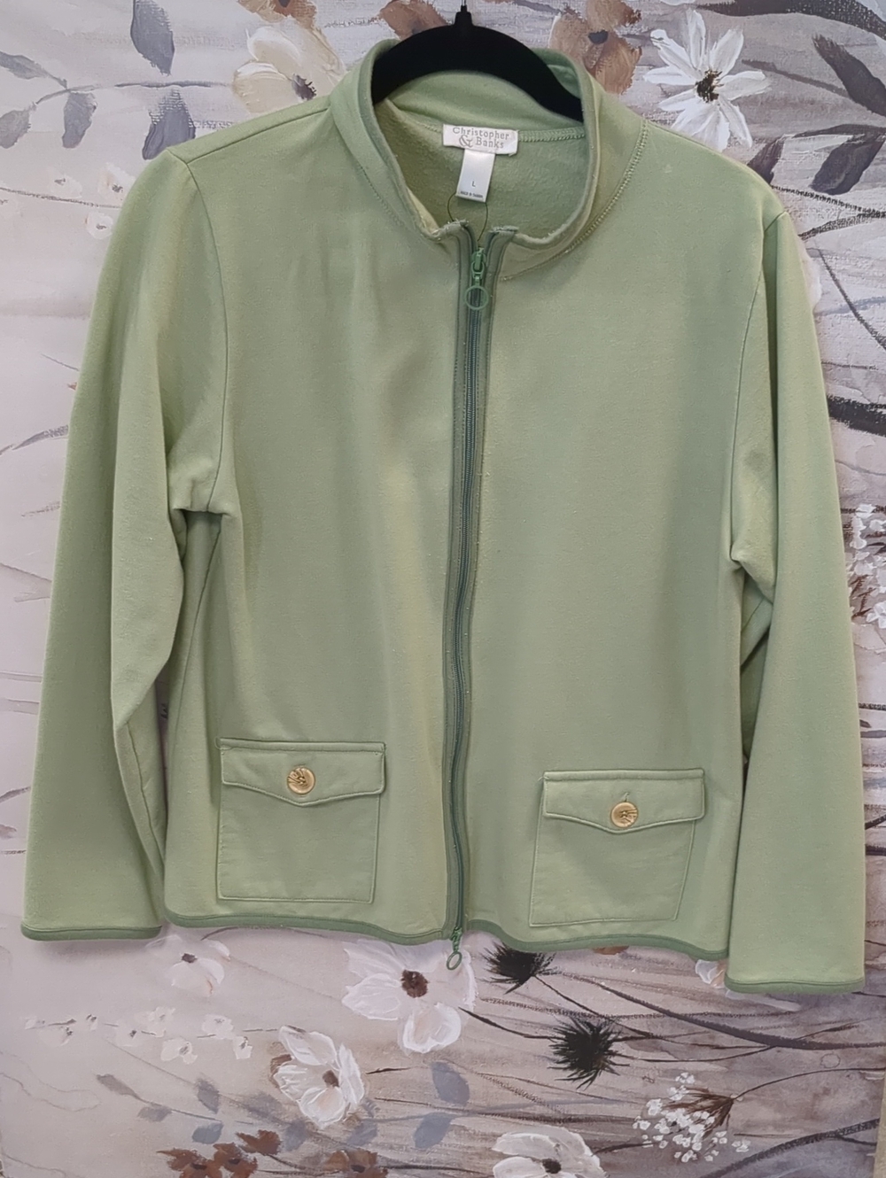 Christopher & Banks Light Sage Zip Jacket with Pocket Flap Buttons